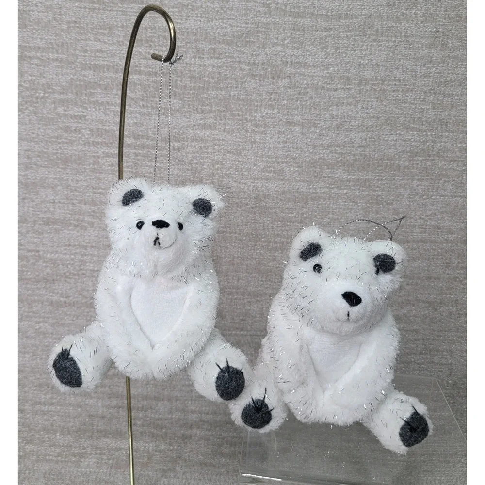 Target Polar Bear Christmas Ornaments Set of 2 White Tinsel Plush Retired Nice